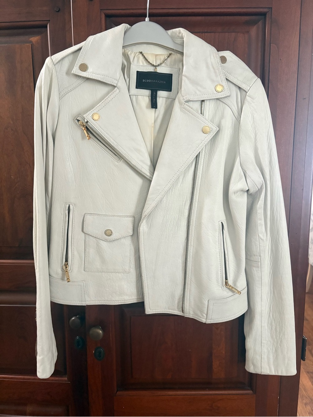 BCBGMaxAzria Off-White Leather Moto Jacket with Gold Hardware